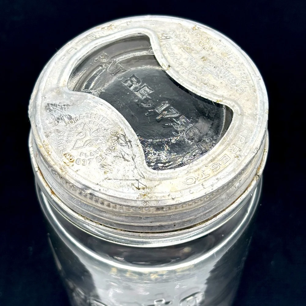VTG. Rare Presto wide mouth cylindrical shape qt. Jar with glass bow tie lid.